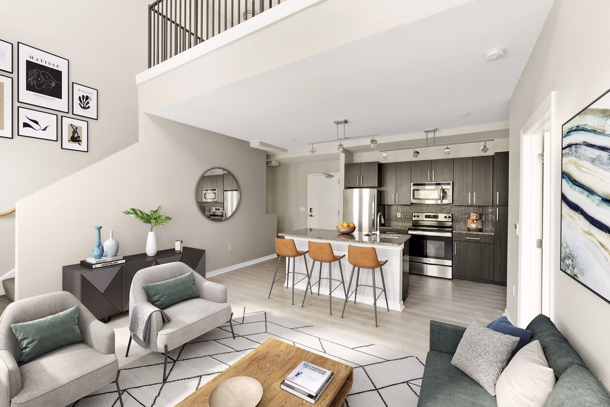Spacious living room with modern decor and natural light in Pike3400 Apartments, luxury living in Seattle
