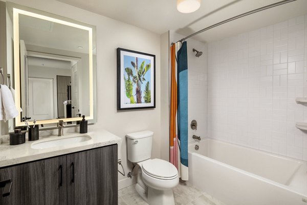 Bathroom with sleek fixtures and minimalist design in Cameo Apartments