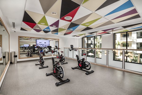 Modern yoga and spin studio with natural light at Cameo Apartments by Greystar