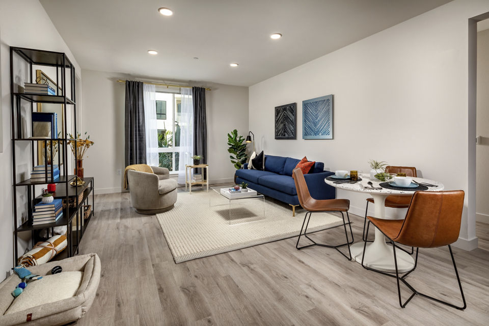Living room featuring modern furnishings and large windows at Cameo Apartments