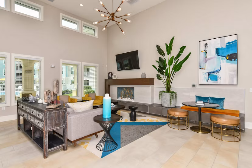 Clubhouse featuring modern design and lounge space at Isla Apartments