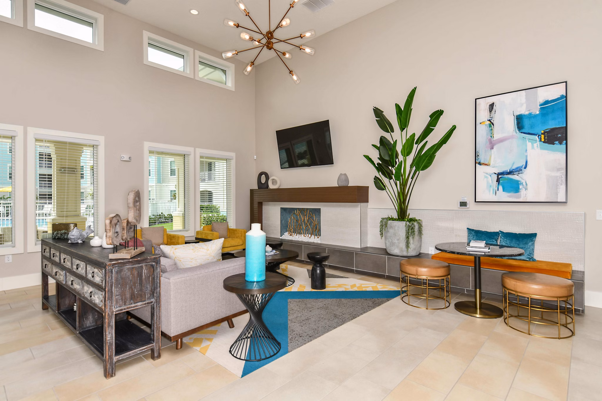 Clubhouse featuring modern design and lounge space at Isla Apartments