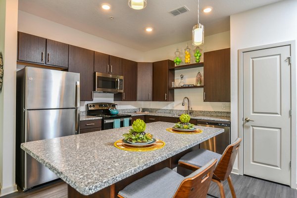 Isla Apartments: Modern kitchen with sleek countertops and stainless steel appliances