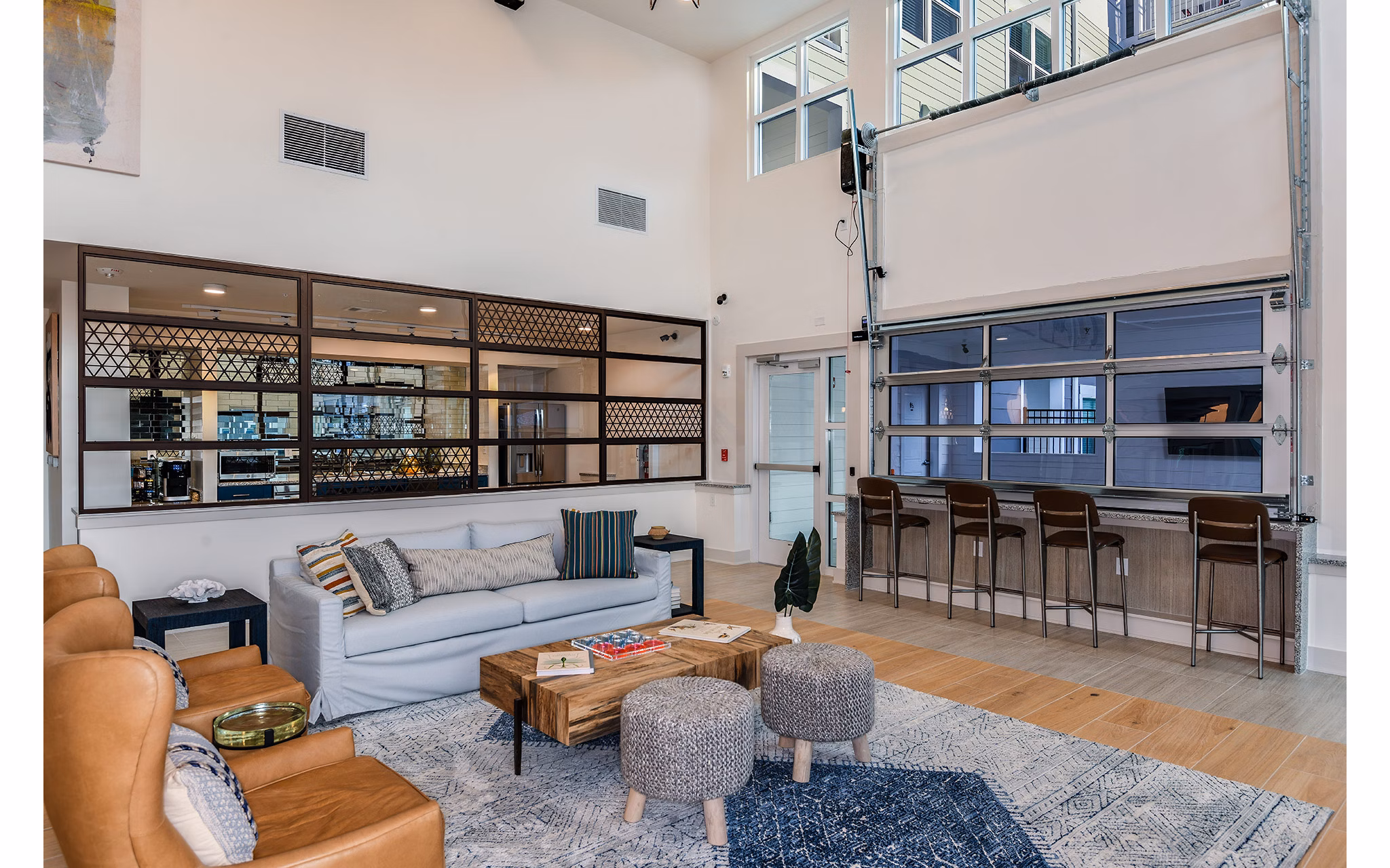 Modern clubhouse with sleek interiors at Renaissance Santa Rosa Apartments, offering luxury amenities for residents
