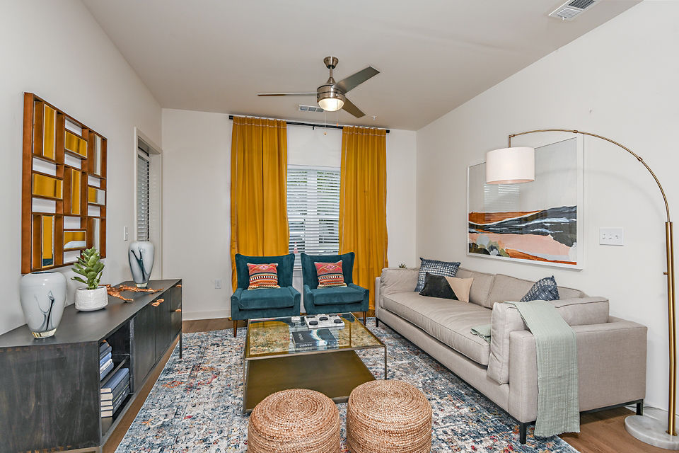Modern living room with sleek furnishings at Renaissance Santa Rosa Apartments