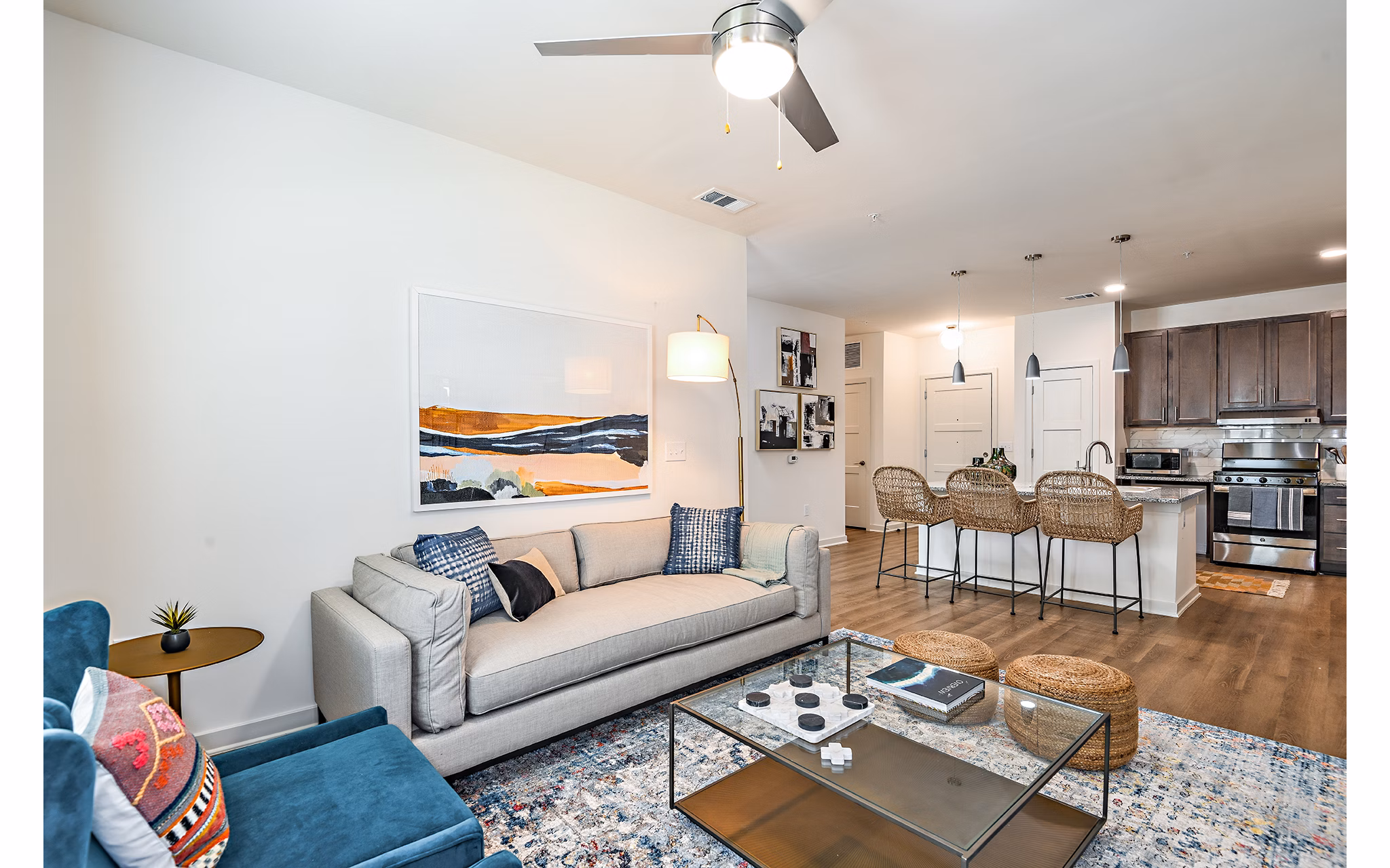 Spacious living room with modern furnishings in Renaissance Santa Rosa Apartments