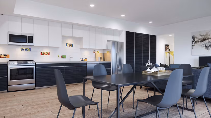 Modern dining area with stylish furnishings at The 505 Apartments, offering luxury living in the heart of the city