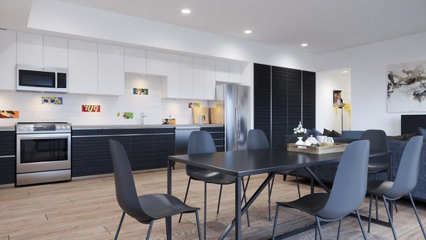 Modern dining area with stylish furnishings at The 505 Apartments, offering luxury living in the heart of the city