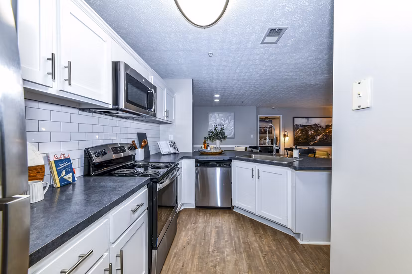Modern kitchen with stainless steel appliances at Avana Acworth Apartments: Greystar luxury apartments offering top amenities