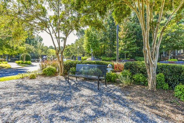 Tranquil courtyard with wooden bench at Avana Acworth Apartments luxury apartment community