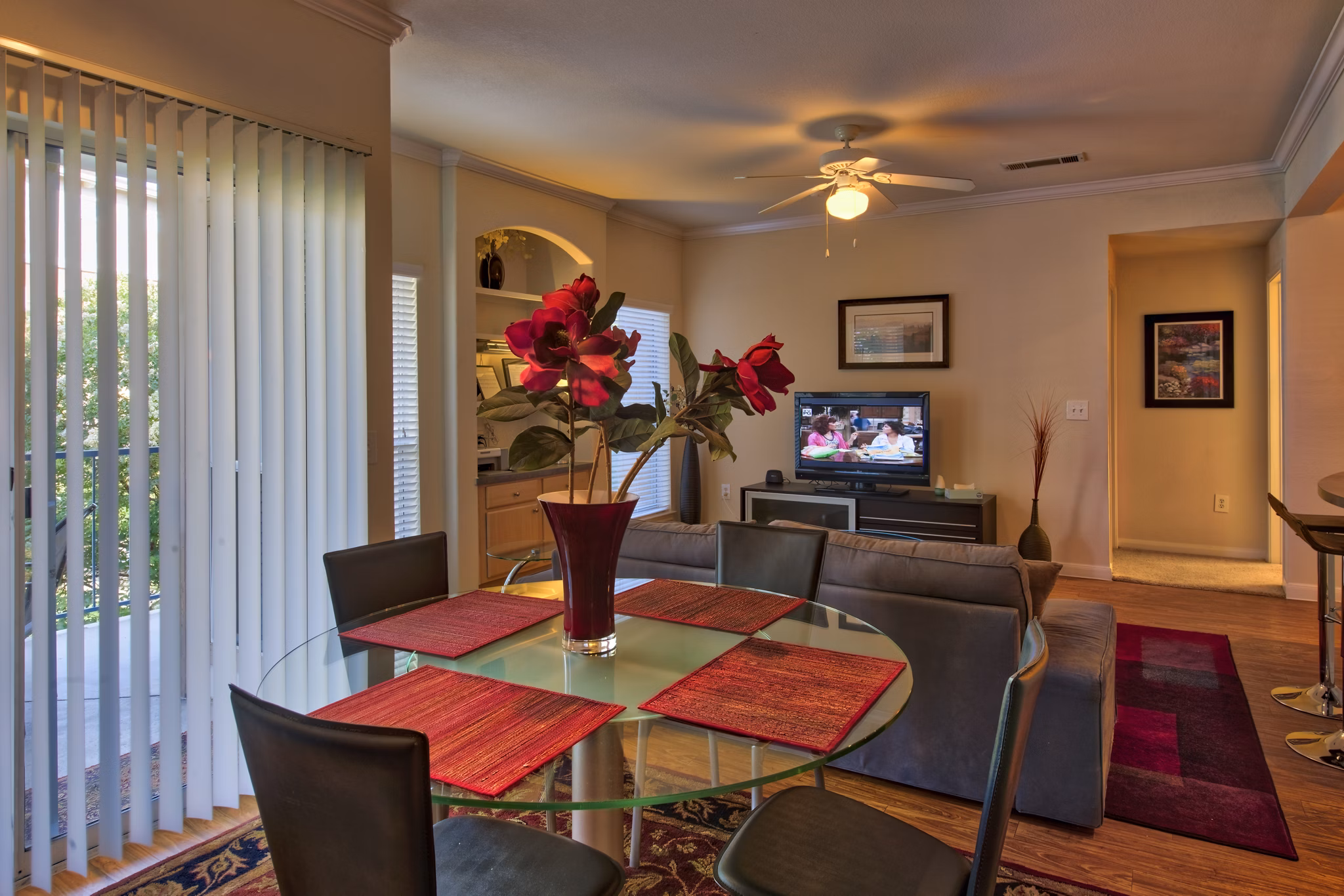 Dining room featuring modern decor and elegant lighting at Avana SoCo Apartments in luxury Greystar community