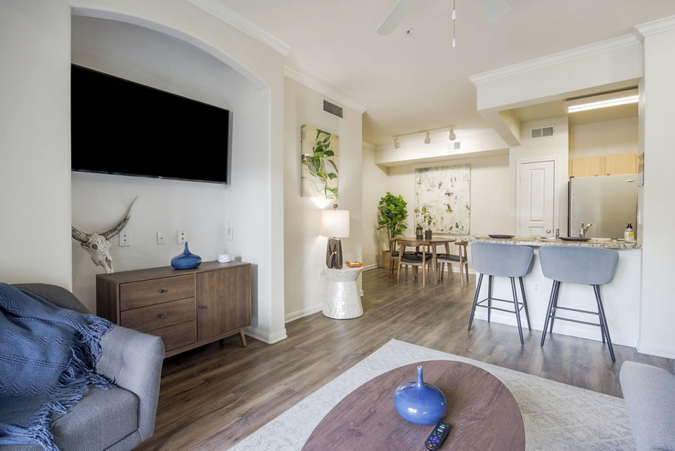 Modern living room with sleek furnishings at Avana SoCo Apartments, Greystar luxury apartments in Austin