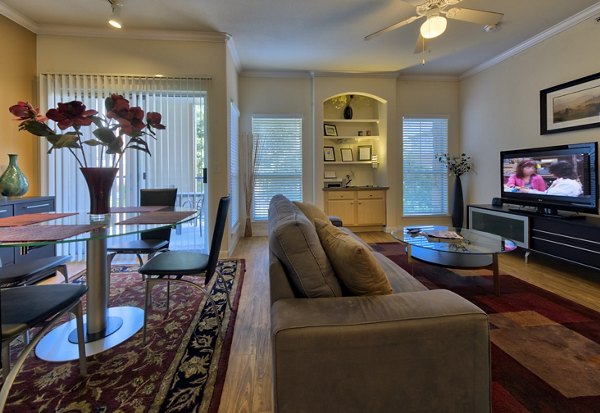 Chic living room with modern decor in Avana SoCo Apartments, featuring ample natural light and a stylish open layout