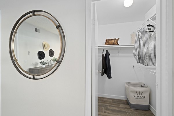 Walk-in closet with ample storage space in Solas Glendale Apartments