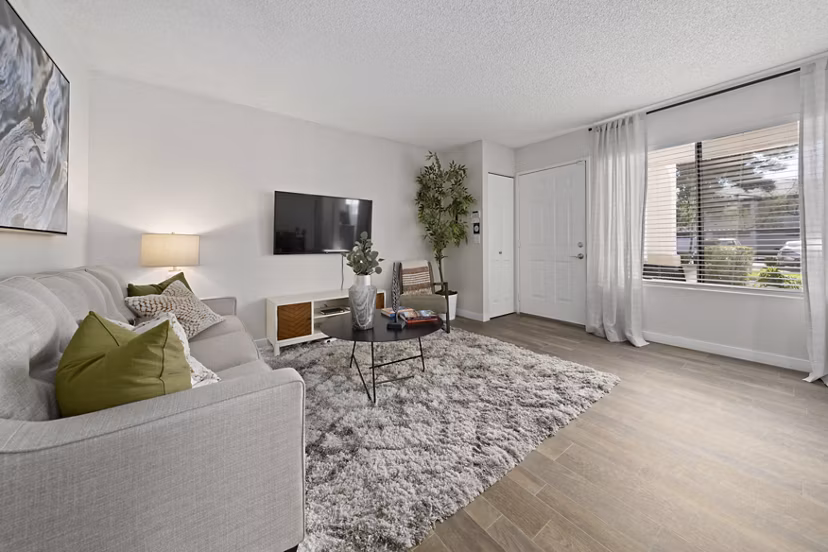 Spacious living room with modern furnishings and natural light at Solas Glendale Apartments