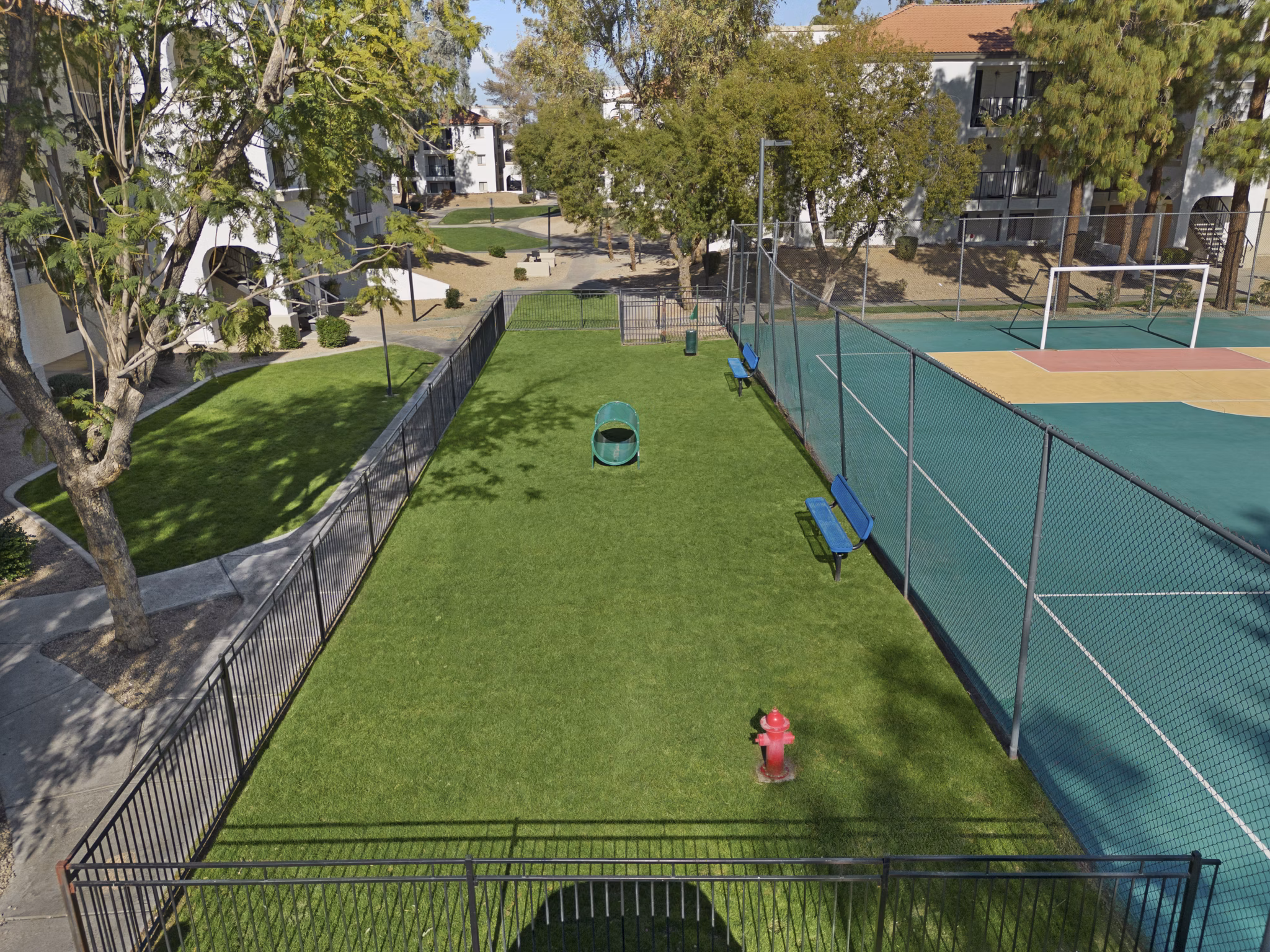 Shaded seating and play area at dog park in Solas Glendale Apartments
