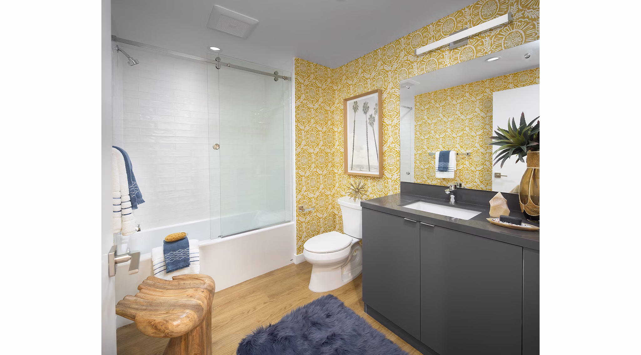 Cielo Apartments: Elegant bathroom with double vanity and marble accents in luxury Greystar community