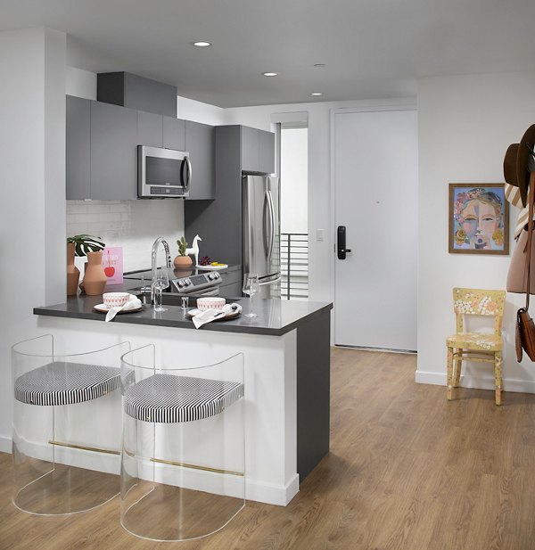 Modern kitchen with stainless steel appliances in Cielo Apartments