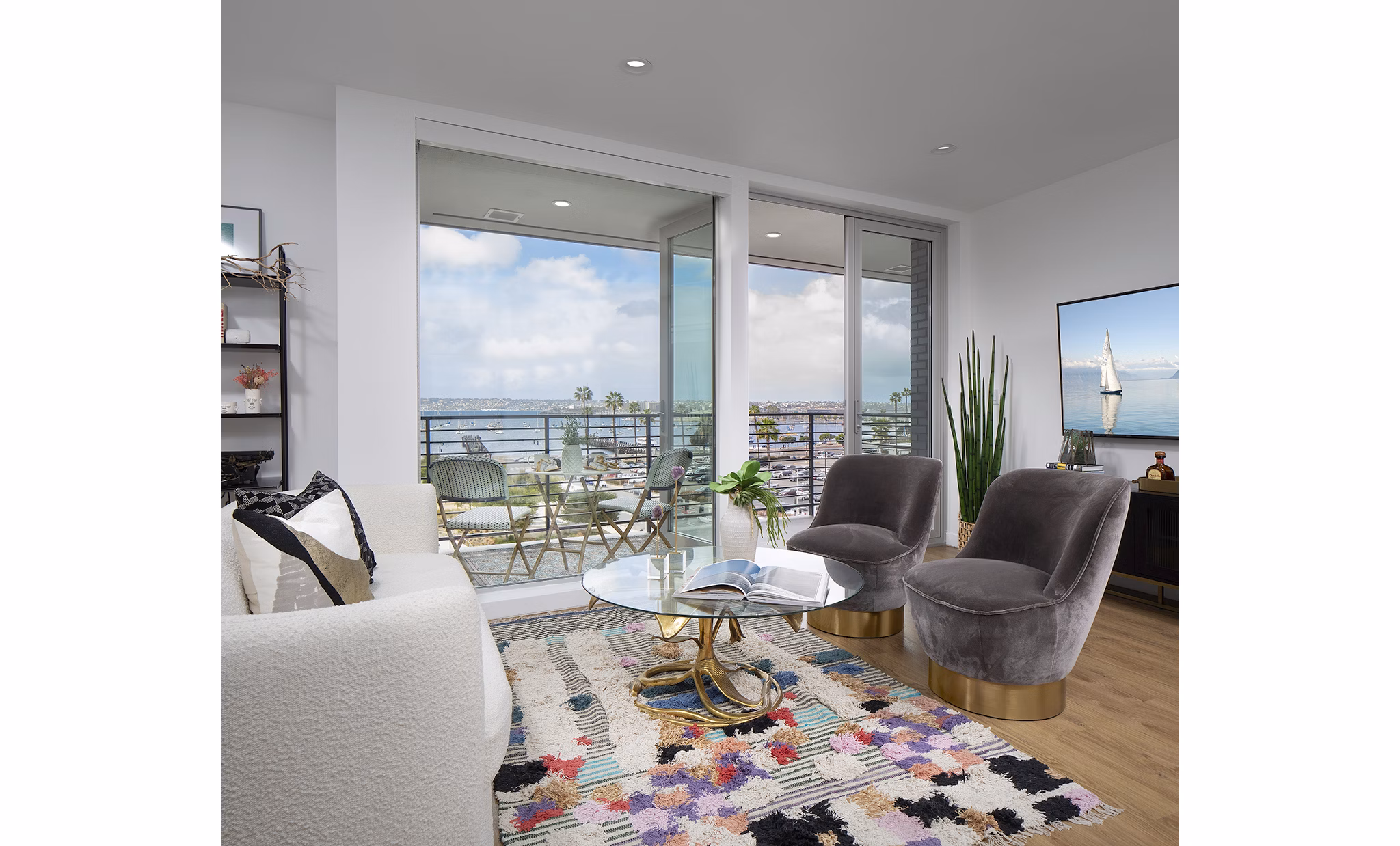 Spacious living room with modern furnishings and city views at Cielo Apartments, offering luxury living in Greystar's premier property