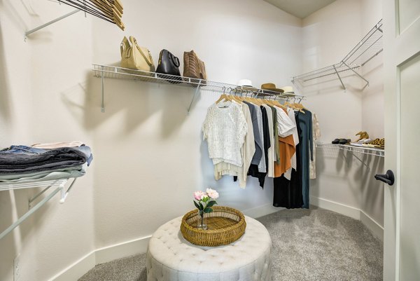Walk-in closet with built-in shelving at Prime Apartments