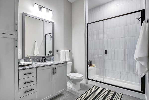 Bathroom featuring sleek fixtures and modern lighting at Prime Apartments