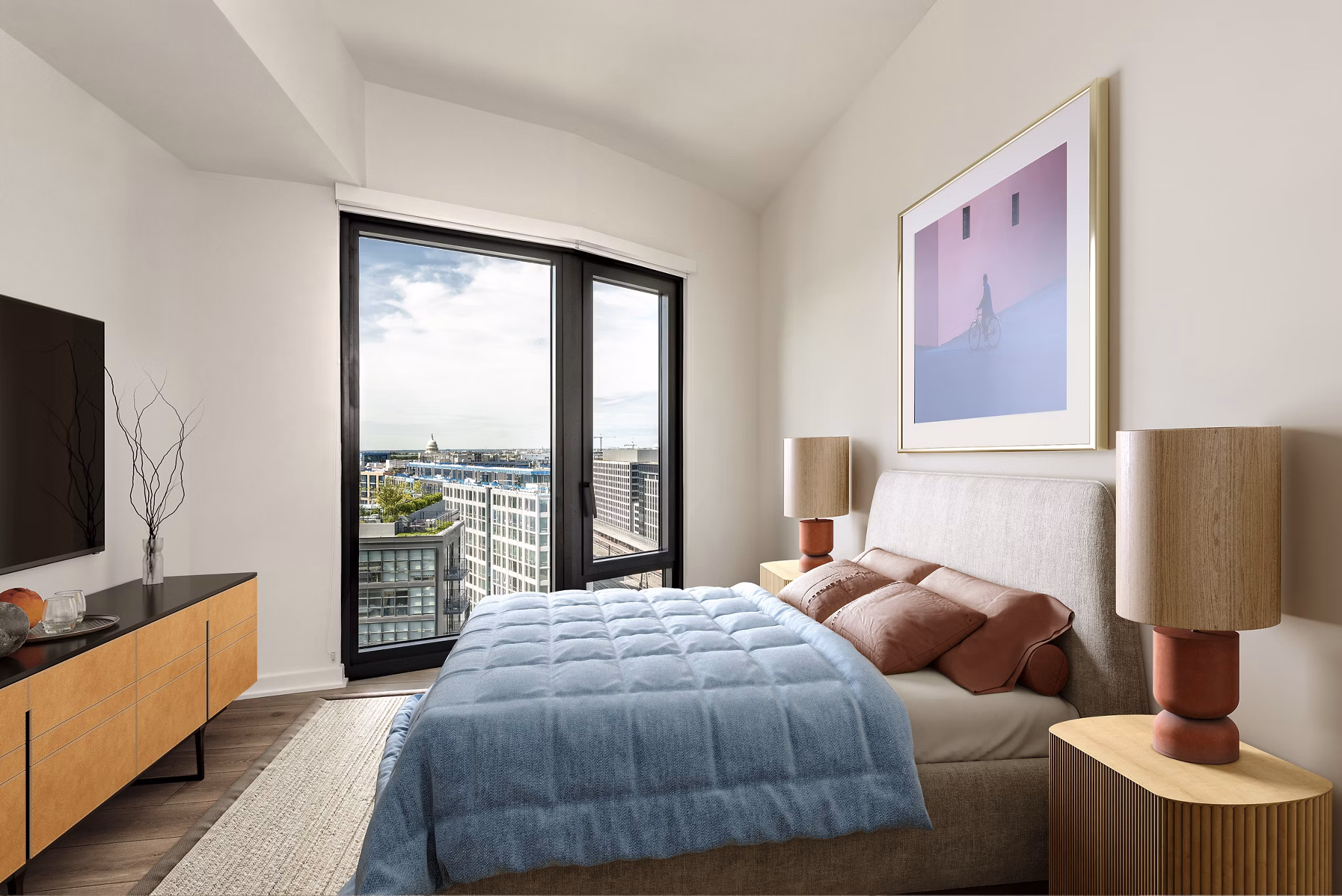 Luxury bedroom with skyline views in GS Gantry Penthouses 2022, showcasing modern design and upscale amenities