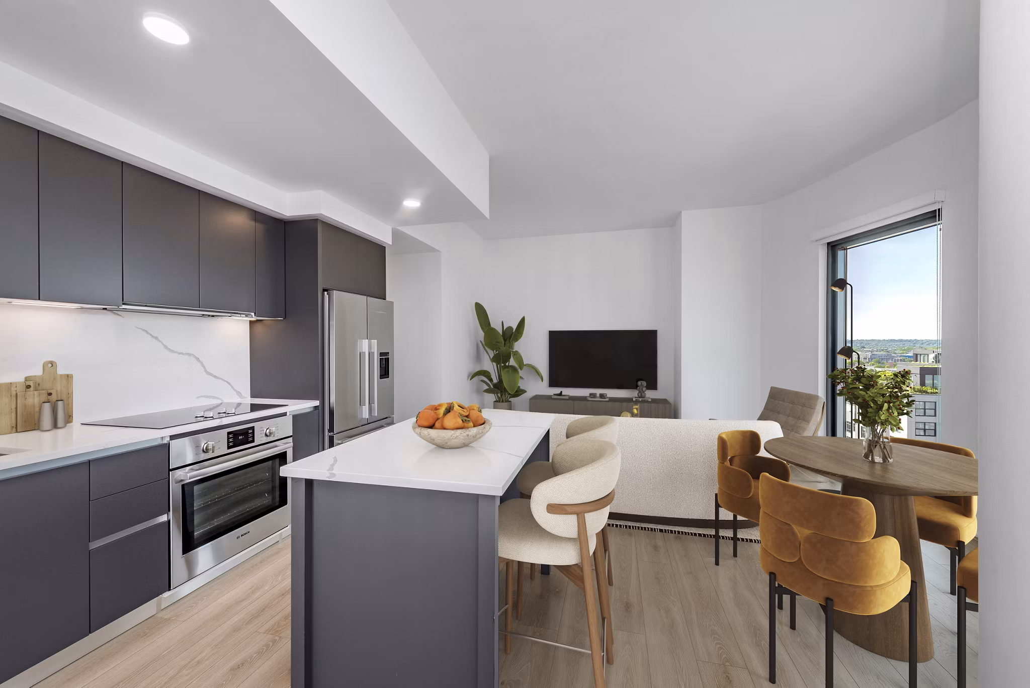 Elegant kitchen with modern appliances in GS Gantry Penthouses: Luxurious high-rise apartments in a vibrant 2022 urban setting