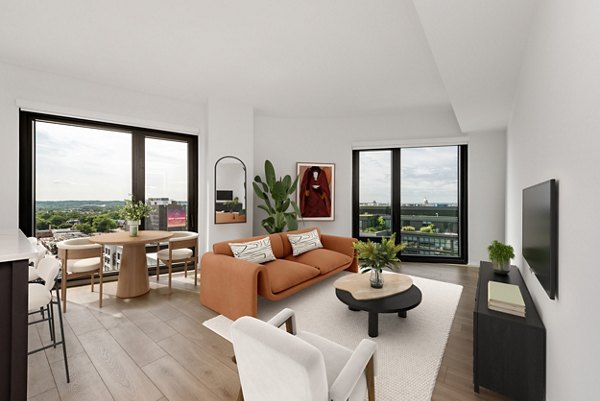 Spacious living room with modern decor at The Gantry Apartments, offering luxury urban living in the heart of the city