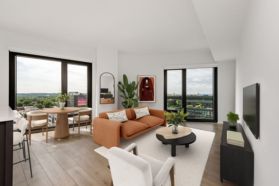 Spacious living room with modern decor at The Gantry Apartments, offering luxury urban living in the heart of the city