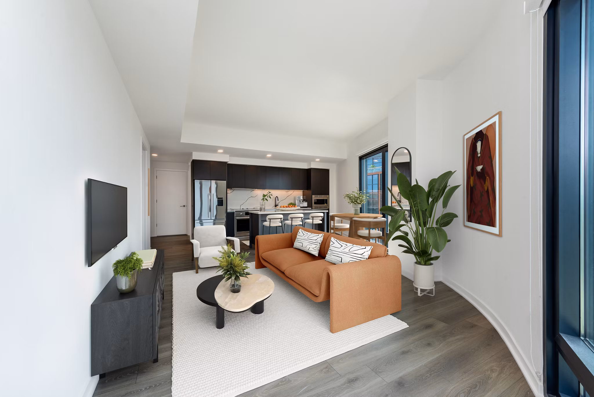 Spacious living room with modern decor and large windows at The Gantry Apartments in sunny location, ideal for luxury living