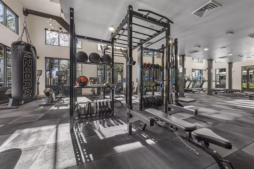fitness center at The Grove on Main Apartments
