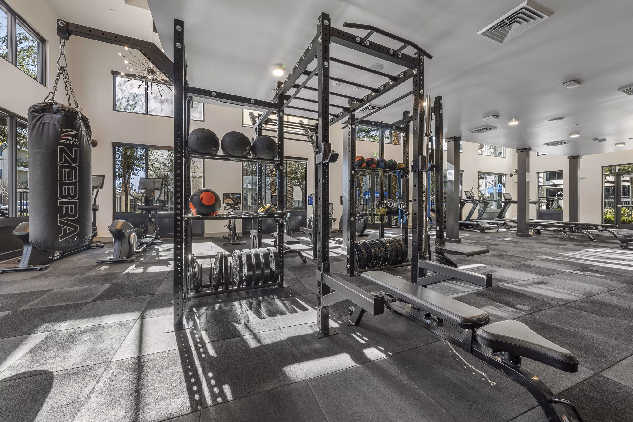 fitness center at The Grove on Main Apartments