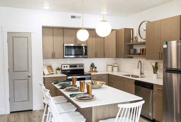 Modern kitchen with stainless steel appliances at Mirella at Foxboro Apartments