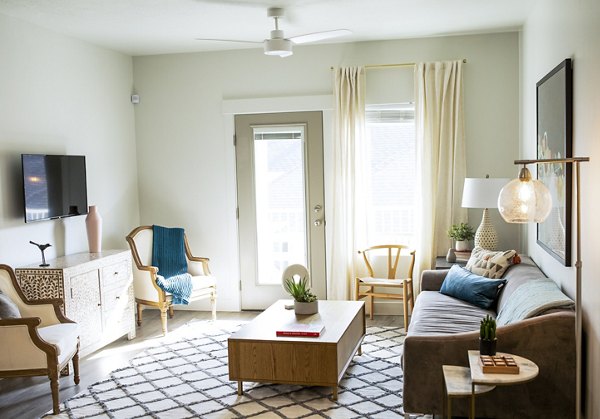 Spacious living room featuring modern decor and natural light at Mirella at Foxboro Apartments