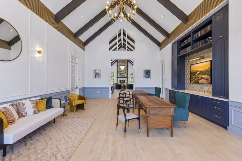 Clubhouse featuring modern seating and large windows at Broadstone Ayrsley Apartments, Greystar luxury apartments in Charlotte