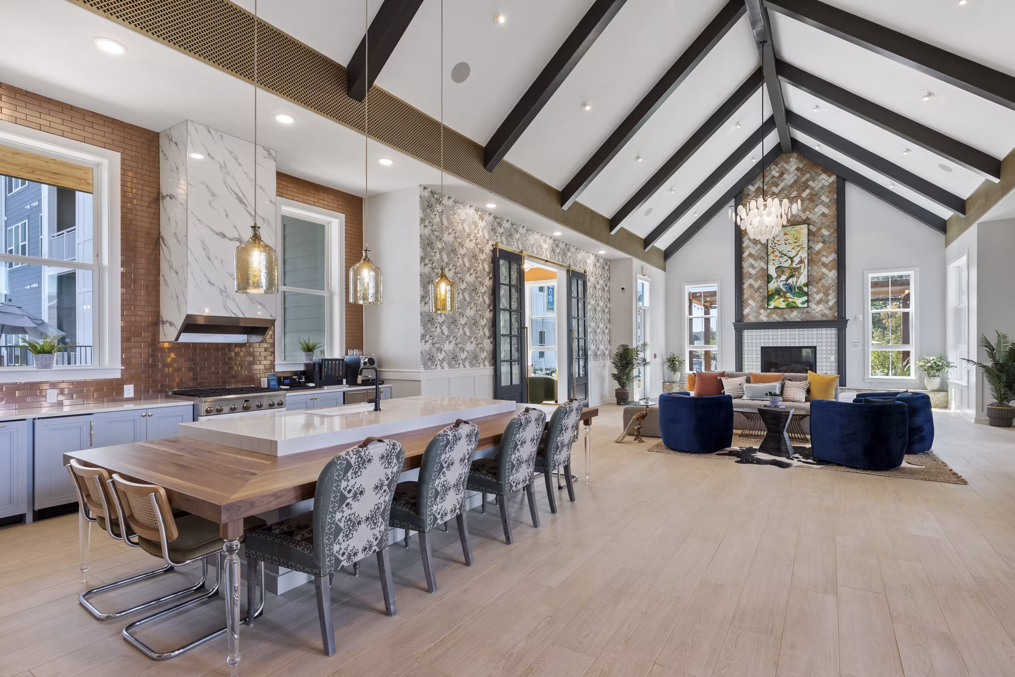 Elegant clubhouse featuring modern design and cozy seating at Broadstone Ayrsley Apartments, perfect for gatherings and events