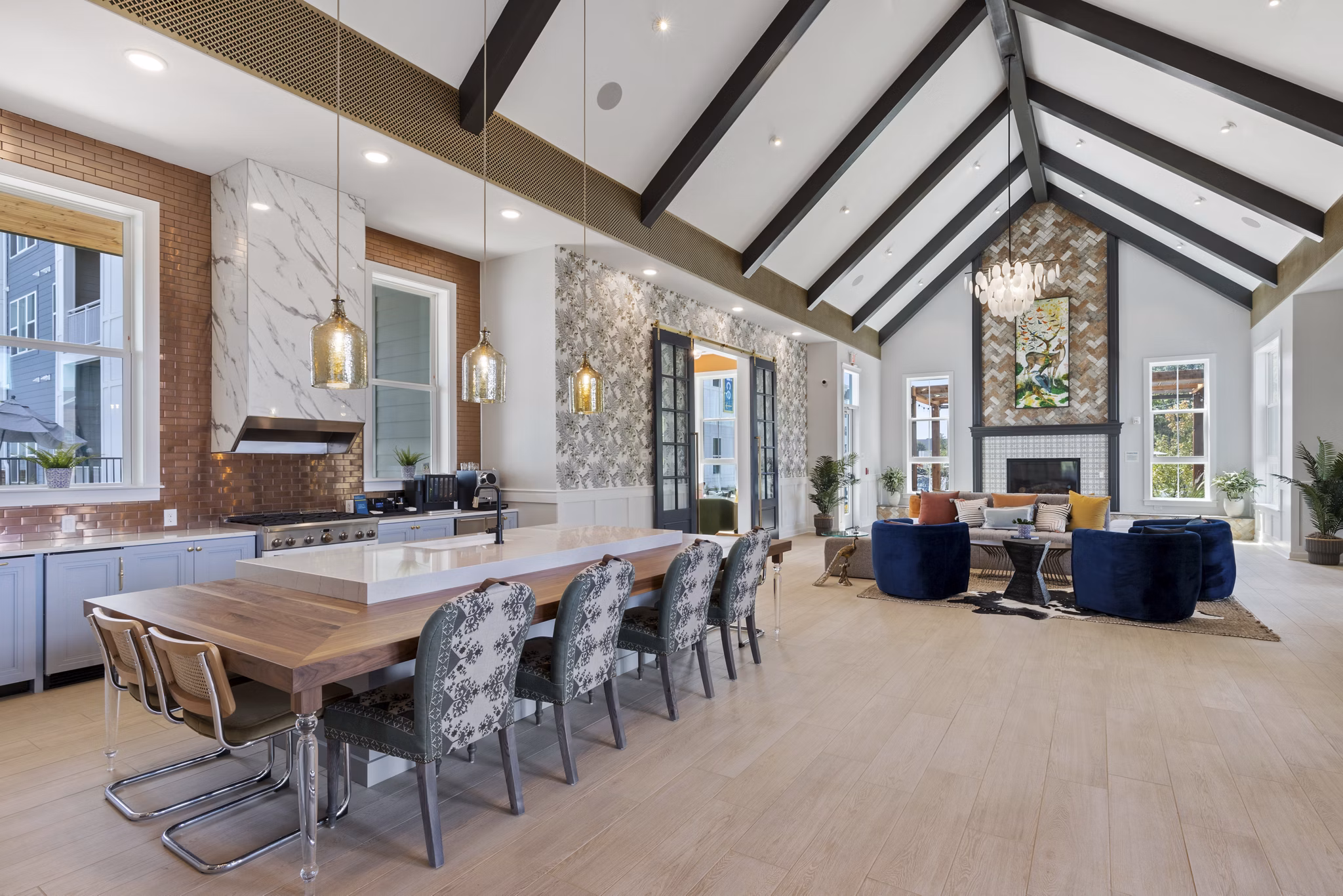 Elegant clubhouse featuring modern design and cozy seating at Broadstone Ayrsley Apartments, perfect for gatherings and events
