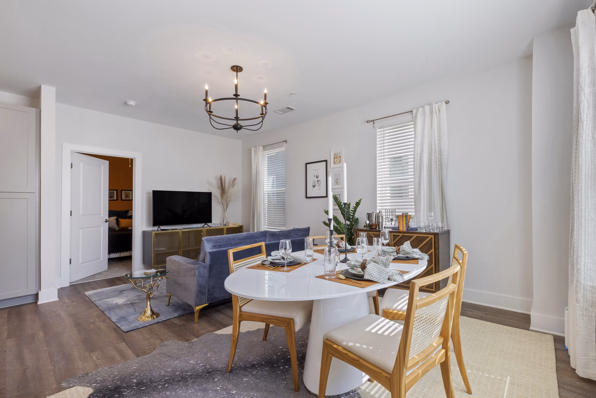 Dining room featuring contemporary design and chic lighting at Broadstone Ayrsley Apartments luxury living spaces