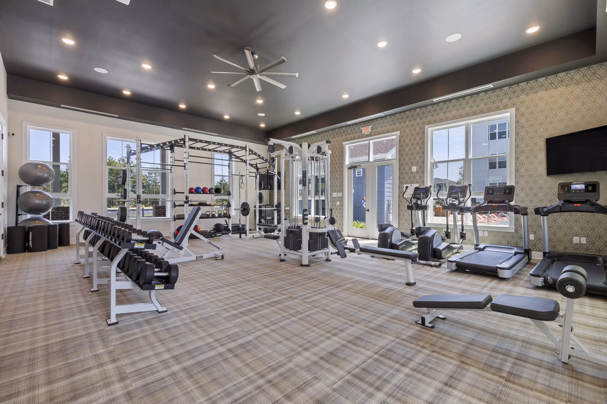 State-of-the-art fitness center with modern equipment at Broadstone Ayrsley Apartments