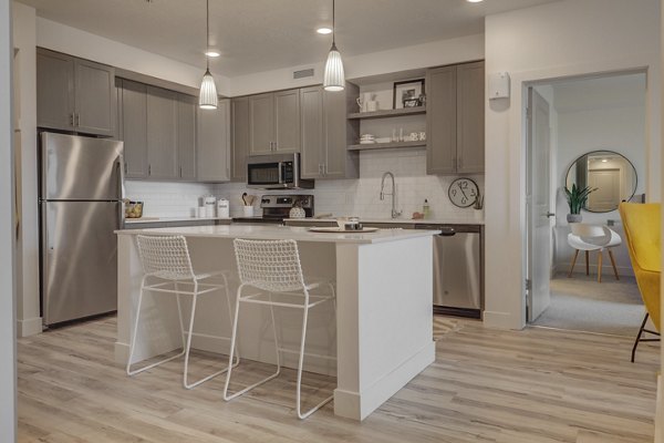 Harmony3900 Apartments: Modern kitchen with sleek countertops and stainless steel appliances