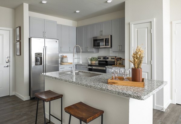 Modern kitchen featuring stainless steel appliances and granite countertops in Bellrock Memorial Apartments