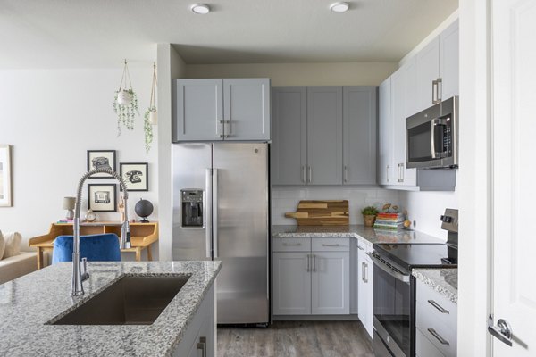 Modern kitchen featuring stainless steel appliances and granite countertops at Bellrock Memorial Apartments