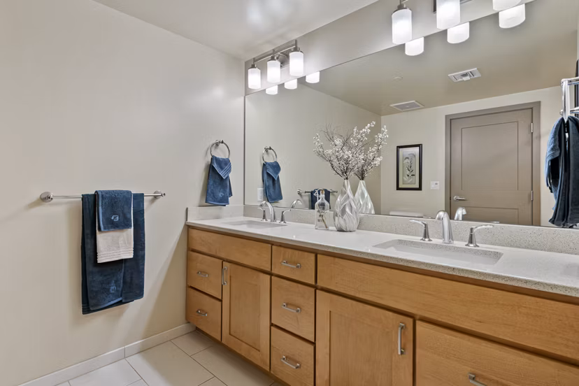 Modern bathroom with sleek fixtures at City Creek Landing Apartments
