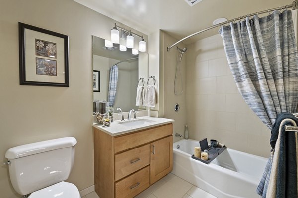Modern bathroom with sleek fixtures at City Creek Landing Apartments