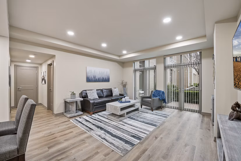 Spacious living room with modern decor at City Creek Landing Apartments, offering luxury in the heart of downtown Salt Lake City