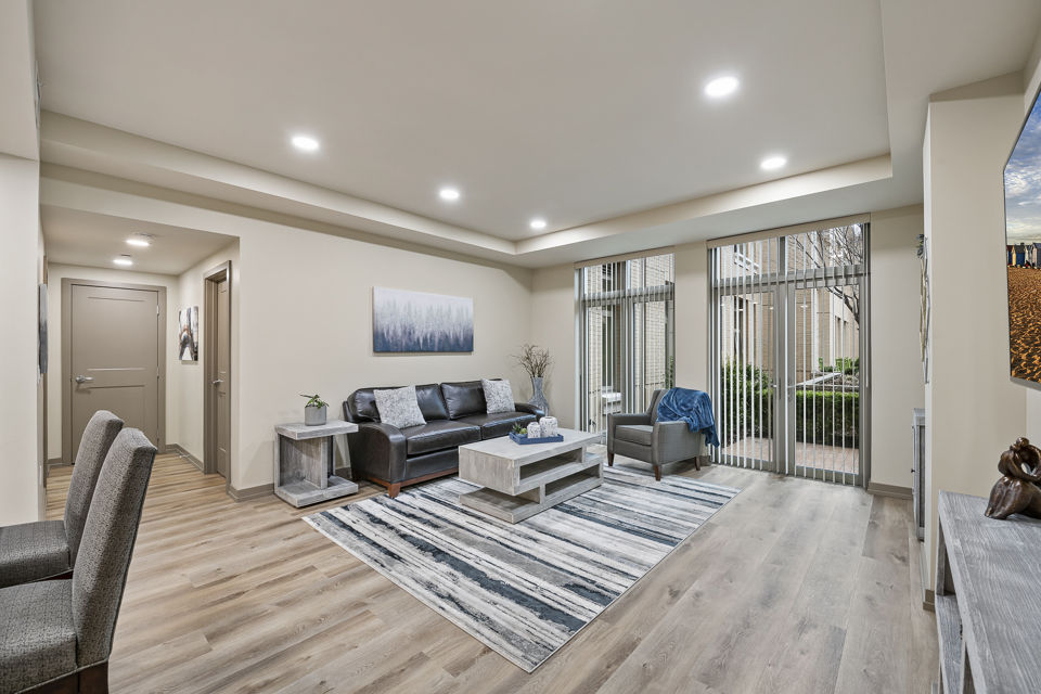 Spacious living room with modern decor at City Creek Landing Apartments, offering luxury in the heart of downtown Salt Lake City
