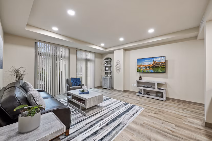 Spacious living room with modern furnishings at City Creek Landing Apartments in vibrant downtown Salt Lake City
