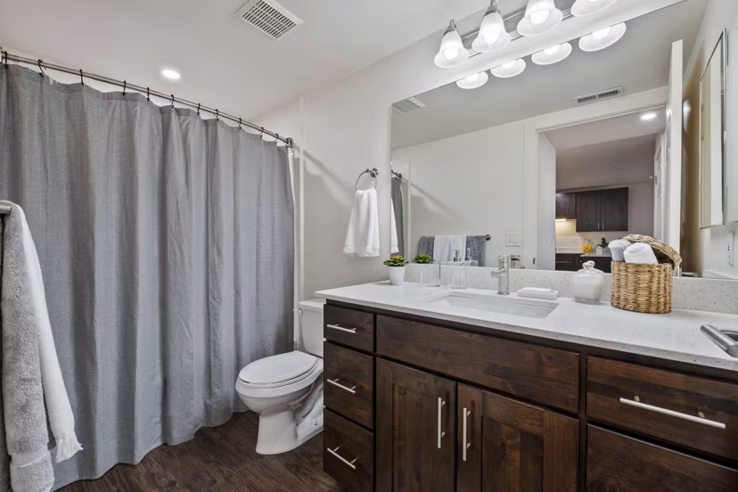Modern bathroom with sleek fixtures at Brigham Apartments, Greystar luxury apartments