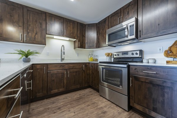 Modern kitchen featuring stainless steel appliances and granite countertops in Brigham Apartments