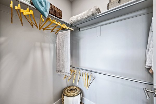 Colonial Court Apartments: Spacious bedroom closet with built-in shelving, ideal for organized living in luxury apartments